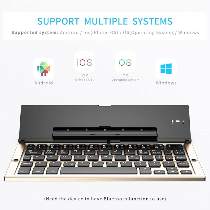 Geyes Folding Bluetooth Keyboard, Wireless Foldable Keyboard with Portable Pocket Size, Aluminum Alloy Housing, Carrying Pouch, for iPad, iPhone, and More Tablets, and Smartphones(Gold)
