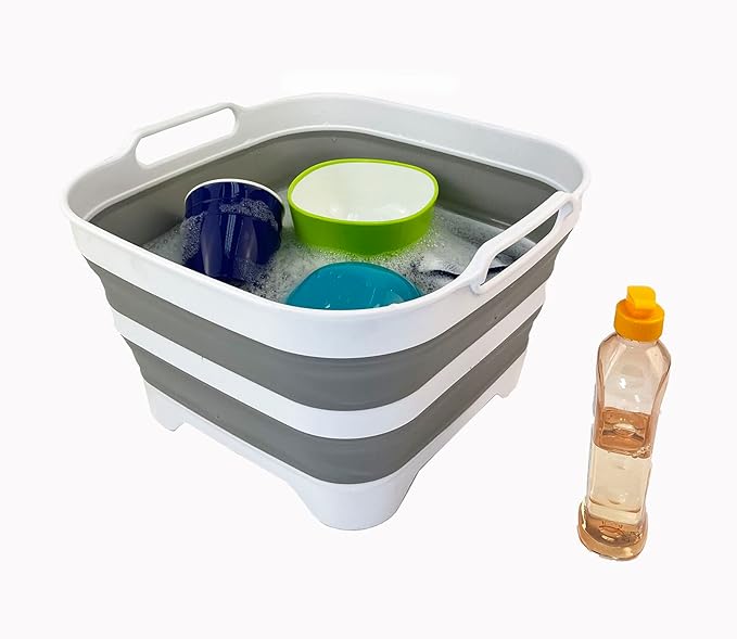 SAMMART 10L (2.64 Gallon) Collapsible Dishpan with Draining Plug - Foldable Washing Basin - Portable Dish Washing Tub - Space Saving Kitchen Storage Tray (Grey + Pink (Set of 2))