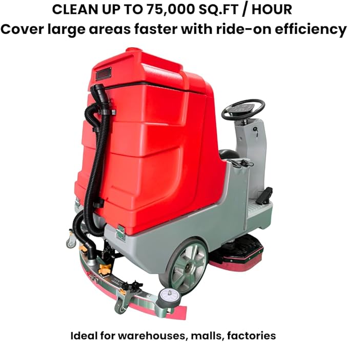 34" Ride-On Floor Scrubber Machine, Dual 17" Brushes, 34.3 Gal Solution Tank, 37 Gal Recovery Tank, 75,000 Sq.Ft/H Productivity, 6 HR Working Time, Industrial and Commercial Floor Cleaning