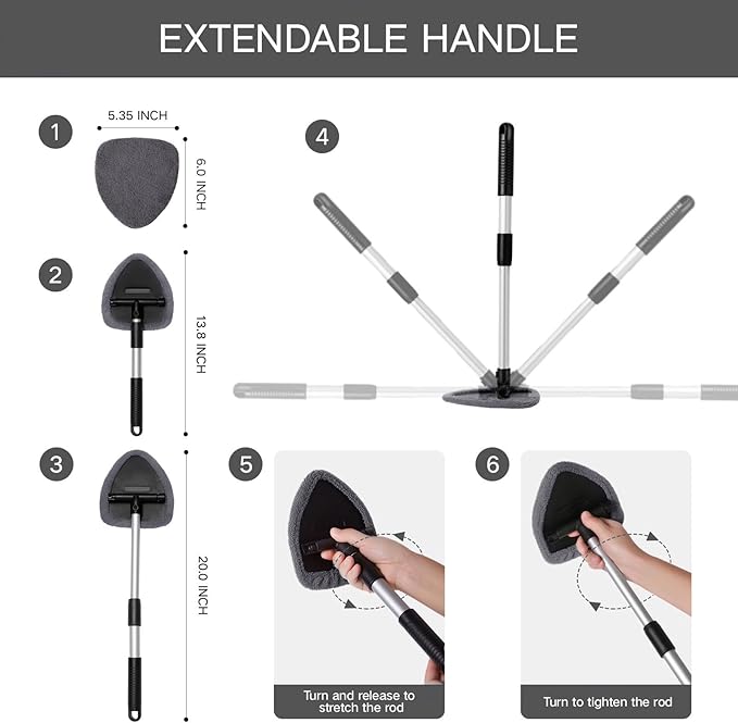 7pcs Windshield Cleaner Tool Car Window Cleaning Wash Kit with 4 Reusable Microfiber Pads 1 Spray Bottle and Extendable Handle Auto Glass Wiper Kit, Gray