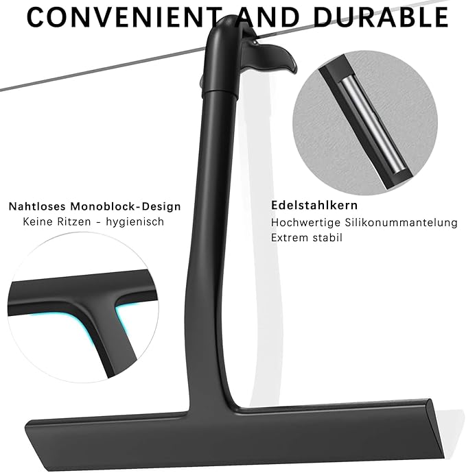 All-Purpose Silicone Shower Squeegee for Glass Doors with Built-in Hook | Streak-Free Cleaning for Bathroom, Windows, Mirrors, Tile Walls & Car Glass | Rust-Proof Stainless Steel Core