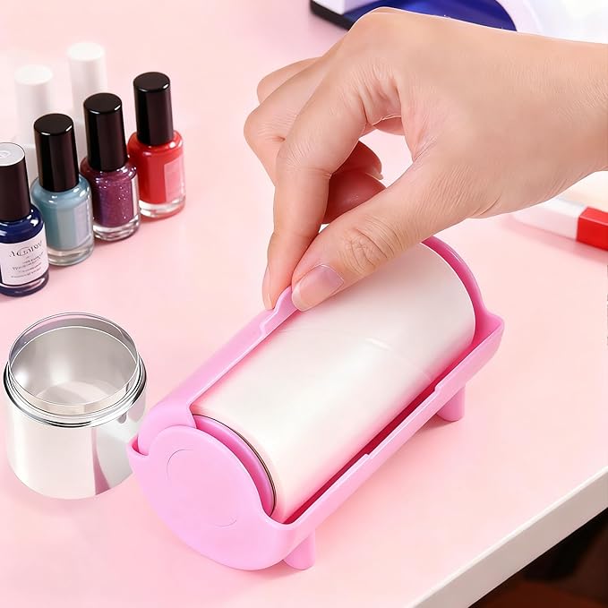 Nail Stamper Sticky Cleaner Roll with Case, Adhesive Paper Stickers for Stamping Gel Polish Removal, Lint Roll Cleaning Sheets, Nail Stamper Accessories Manicure Salon Supplies (Pink)