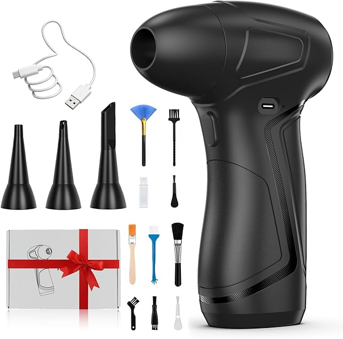 PureWellness Compressed Air Duster Can, Cordless Air Blower, Rechargeable Electric Duster & 3 Nozzles for Keyboard, PC, Home Cleaning, Portable Cleaning Kit, Black