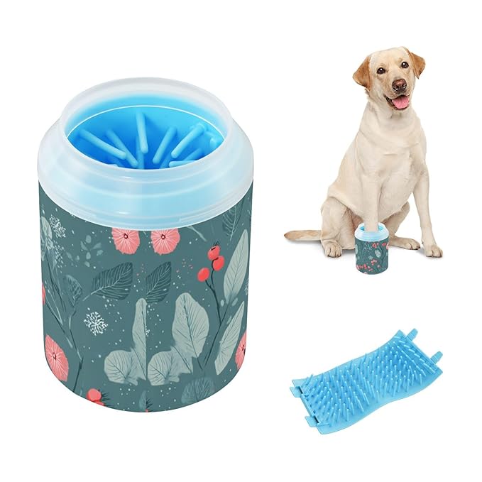 Dog Paw Cleaner Cups for Dogs Pet Foot Washer Paw Scrubber for Small Medium Large Dogs Cats Cleaning Cup Green Winter Berries and Snowflakes