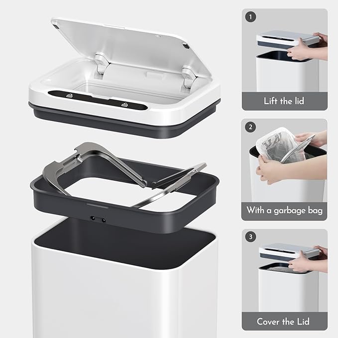 ELPHECO Stainless Steel Office Trash Can Motion Sensor Garbage Can Touchless Smart Trash Can Automatic Waste Bin for Kitchen, Office, Bathroom (White, 6.6 Gallons), 2AA