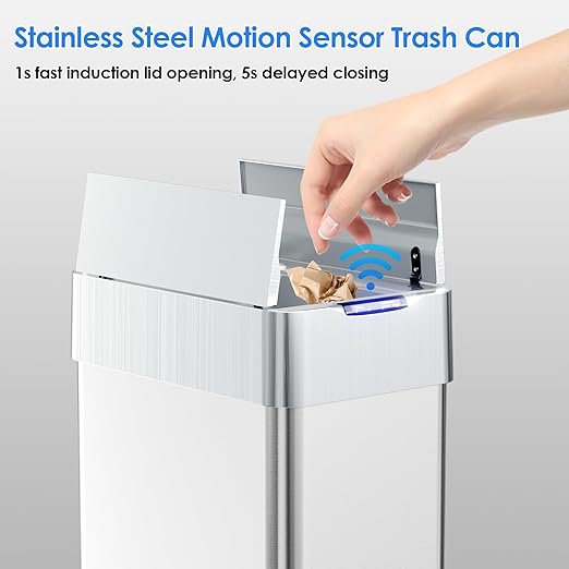 TLSUNNY 18.5 Gallon Automatic Trash Can, Stainless Steel Motion Sensor Garbage bin, Smart Trash Can W/Butterfly Lid, Bag Retainer Ring and Display Light for Living Room,Kitchen,Office (Silver, 70L)