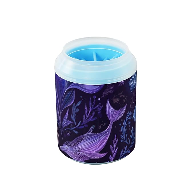 Dog Paw Cleaner Cups for Dogs Pets Foot Washer Paw Scrubber for Medium Small Dogs Cats Cleaning Cup Dark Purple Dolphins Sea Plants