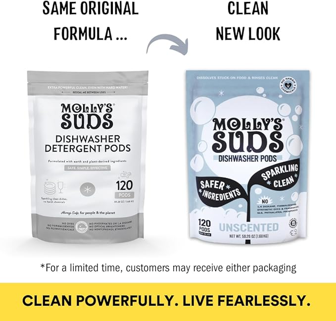 Molly's Suds Dishwasher Pods | Clean Dishwasher Detergent, Cuts Grease & Rinses Clean (Residue-Free) for Sparkling Dishes | 120 Auto-Release Tabs (Unscented) (Pack of 2)