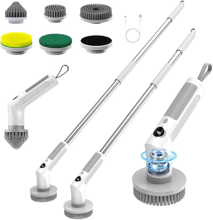 Electric Spin Scrubber, Cordless Cleaning Brush，IPX7 Waterproof Bathroom Scrubber with Adjustable Extension Handle & Battery Level Display for Bathroom Kitchen Car (ECB-S8)