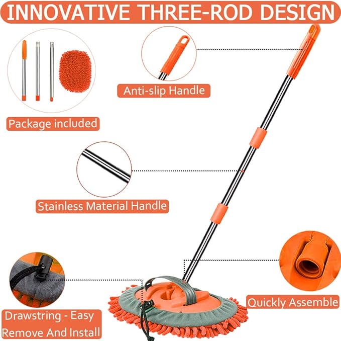 47.5" Car Wash Brush Mop Cleaning Tool with Long Handle Kit for Washing Detailing Cars Truck, SUV, RV, Trailer, Boat 2 in 1 Chenille Microfiber Sponge Duster Not Hurt Paint Scratch Free