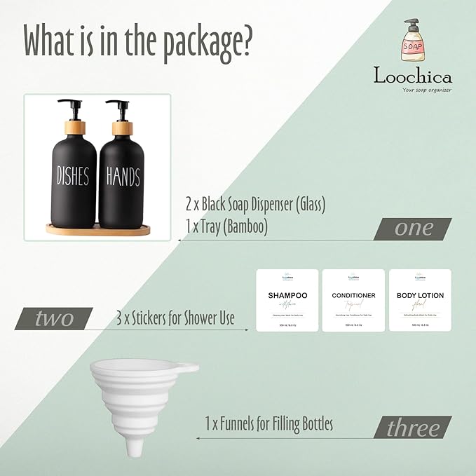 2 Pack Black Glass Soap Dispenser Set with Tray, Hand and Dish Glass Soap Dispensers for Kitchen Sink, Matte Black Soap Dispenser Suitable for Kitchen Sink, Rustic Kitchen Décor