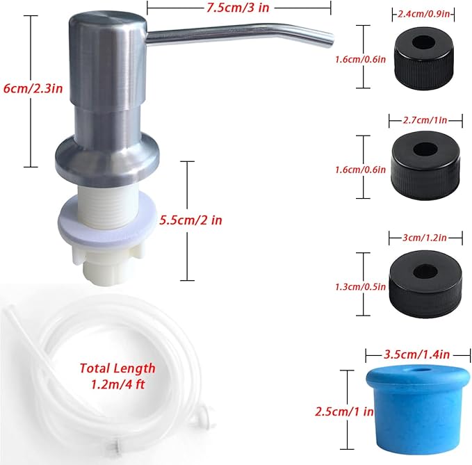 Soap Dispenser for Kitchen Sink, Stainless Steel Built in Sink Soap Dispenser Pump Head with 1.2m/4ft Silicone Water Pipe & 3 Caps for Soap Container, Kitchen Sink Accessories Bar Wash Tools