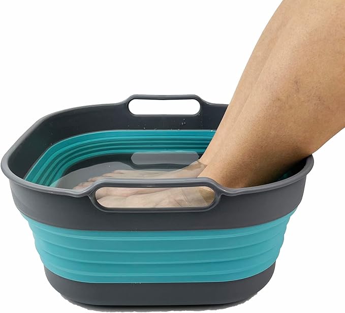 SAMMART 10L (2.64 gallon) Collapsible Dishpan - Foldable Washing Basin - Portable Dish Washing Tub - Space Saving Kitchen Storage Tray (Alloy Grey + Crystal Blue)