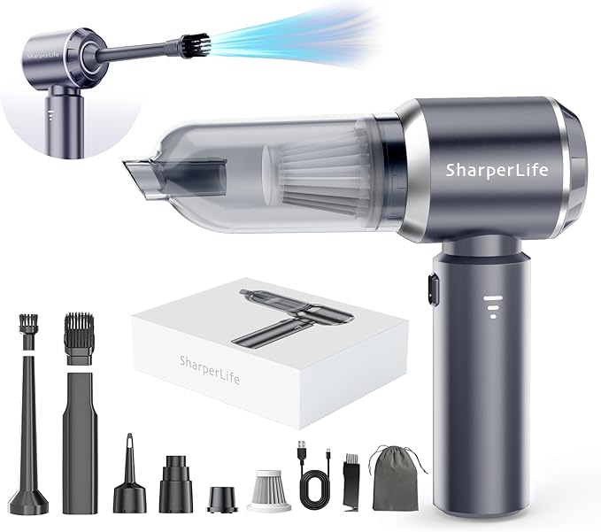 Sharperlife Portable Handheld Vacuum Cordless Cleaner, Rechargeable with 15000Pa Strong Suction for Car, Home and Camping, 30mins Runtime, Lightweight, Eco-Friendly Packaging
