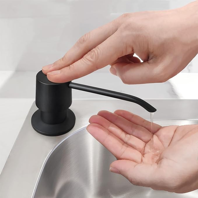 Matte Black Brass Soap Dispenser for Kitchen Sink Countertop Built in Brass Pump Head Sink Soap Dispenser Refill from The Top with Long Nozzle