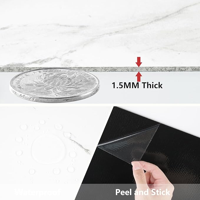 White Peel and Stick Floor Tile Waterproof Marble Vinyl Flooring Self Adhesive Ceramic Stick on Floor Tiles 12"X12" Laminate Flooring for Bathroom Garage Kitchen Basement Office Vinyl Plank