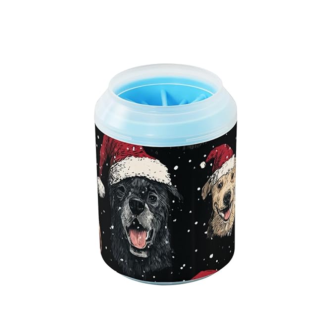 Dog Paw Cleaner Cups for Dogs Pet Foot Washer Paw Scrubber for Medium Small Dogs Cats Cleaning Cup Black Dog Christmas Hat Snow