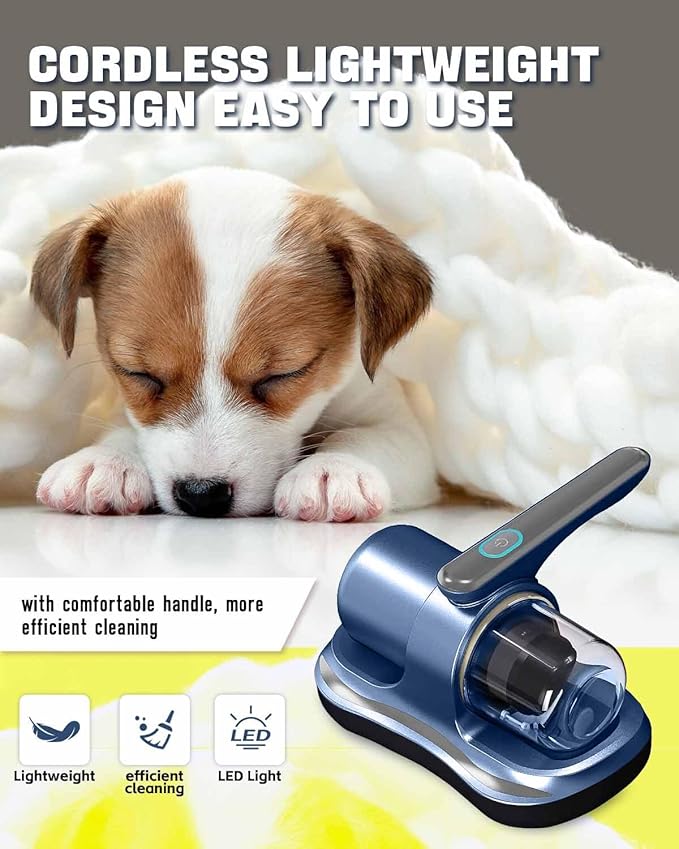 Mattress Vacuum Cleaner, Cordless Bed Vacuum Cleaner with UV Light Sanitizing, Ultrasonic & Heating Tech with 2 PCS HEPA Filters, 2 Speeds Handheld Vacuums for Mattress Sofa, Pet Hair, Carpets