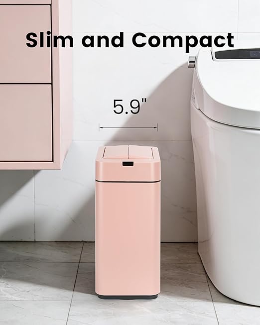 ELPHECO Bathroom Trash Can with Lid 2.6 Gallon Smart Trash Can Slim Motion Sensor Garbage Can Automatic Stainless Steel Wastebasket Bathroom Decor for Bedroom Office Toilet Pink