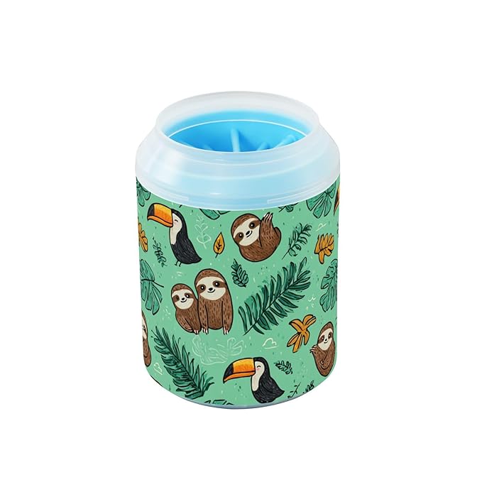 Dog Paw Cleaner Cups for Dogs Pet Foot Washer Paw Scrubber for Medium Small Large Dogs Cats Cleaning Cup Green Sloths Toucans Tropical Leaves