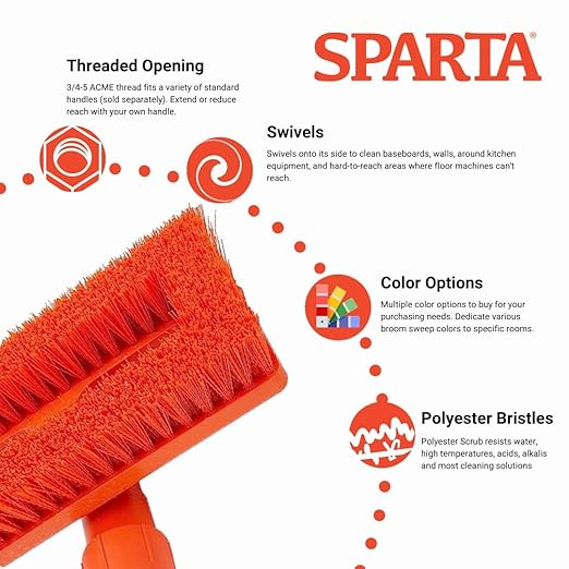 SPARTA 3638831EC24 Polyester Rectangle Scrub Brush, Floor Brush, Cleaning Brush With Swivel Head For Cleaning, 8 Inches, Orange