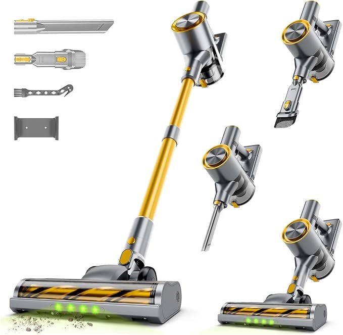 Cordless Stick Vacuum Cleaner - 45KPA Powerful Suction Vacuum with 45 Min Runtime, Detachable Battery, Anti-Tangle & 1.5L Dust Cup, 8 in 1 Vacuum Cleaner for Pet Hair, Carpet, HardFloor, Yellow