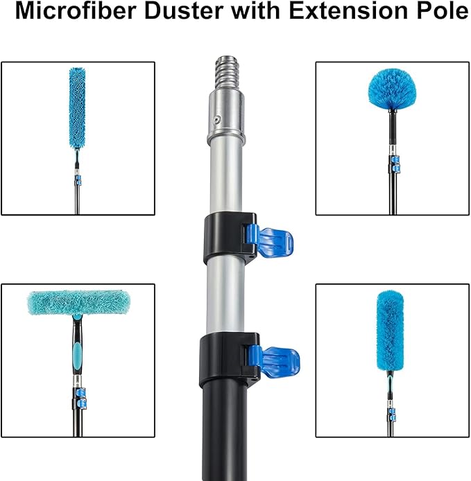 30 Foot High Ceiling Fan Duster with 6-24ft Extension Pole, Extendable Reusable Cobweb, Feather, Window Cleaning Squeegee Kit