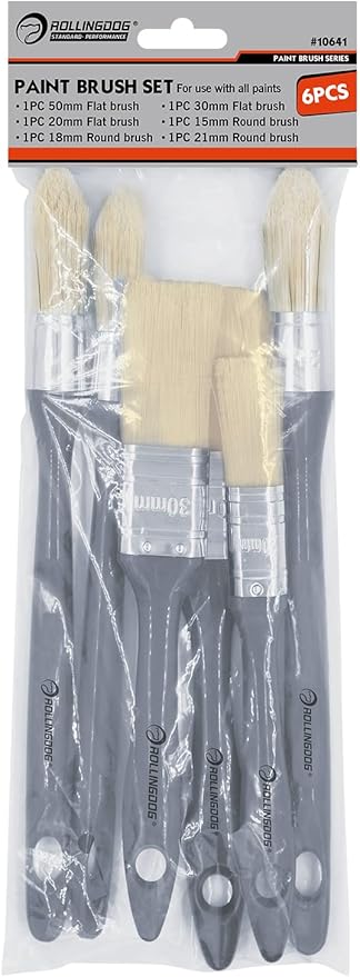 ROLLINGDOG Trim Paint Brush - Pointed Round Edge Paint Brush and Flat Paintbrush for Wall Sash,Stain,Varnish,Baseboards(Pack of 6)