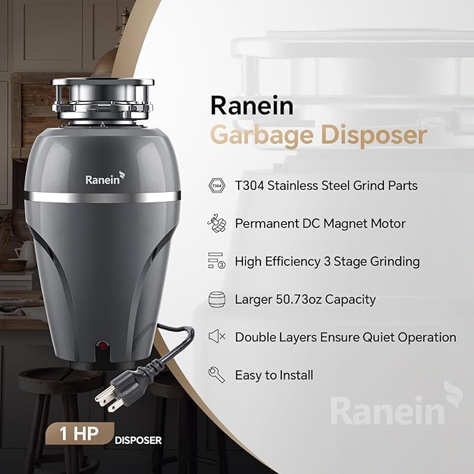 Ranein 1 HP Garbage Disposal with Power Cord & Dishwasher Connector Kit, Quiet Stainless Steel Food Waste Disposer, Continuous Feed, DeepCut Ultra 7-Stage Grinding, Easy 3-Bolt Installation