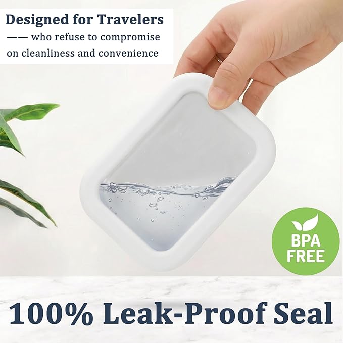 Leak Proof Silicone Travel Soap Case with Draining Tray - Bar Soap Holder for Travel, Gym & Camping - Mess-Free Portable Soap Container for Carry-on Bags (White)