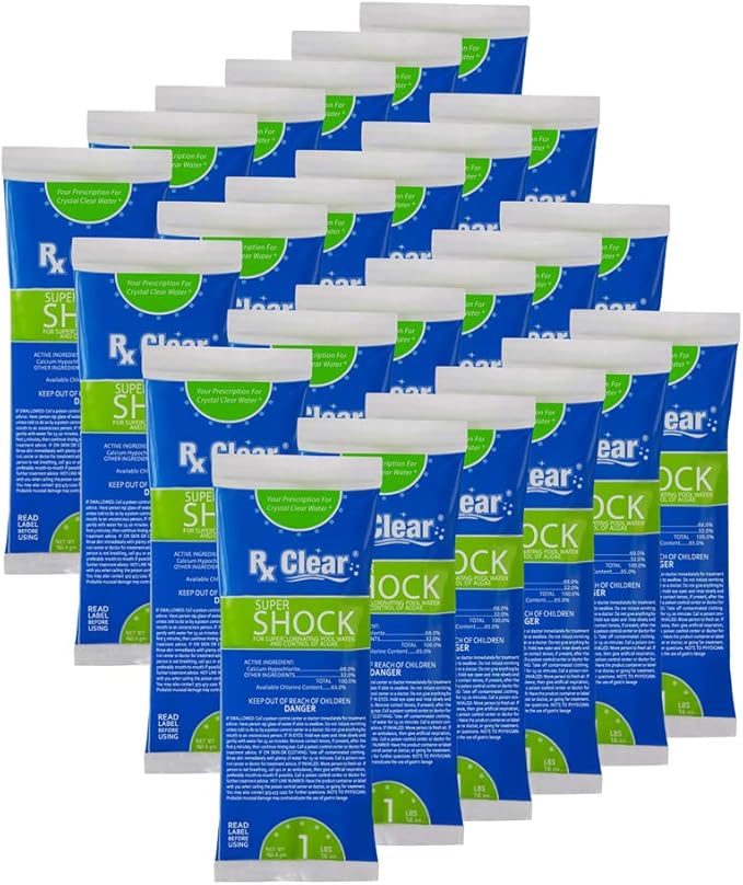 Rx Clear Super Shock for Swimming Pools | Chlorinator and Algaecide | 68% Calcium Hypochlorite | Kill Pool Algae for a Crystal Clear Pool | One Pound Bags | 24 Pack