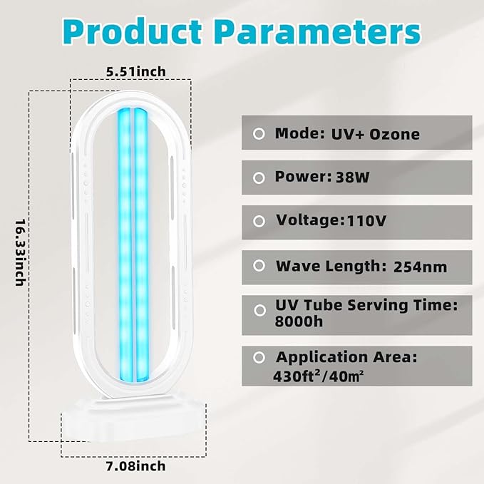 UV Light Sanitizer,4-Speed Timing and Remote Control UVC Home Disinfection Device,Ultraviolet Light Sanitizer for Dust Mites,UV Lamp for Whole Room,White