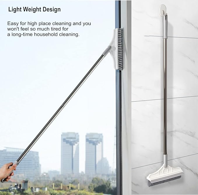 2 in 1 Cleaning Scrub Brush Grout Brush Scrape Floor Scrub Brush with Long Handle V-Shape Stiff Bristle Brush Scrubber with Squeegee 120°Rotating Shower Scruber for Cleaning Bathroom Glass Wall