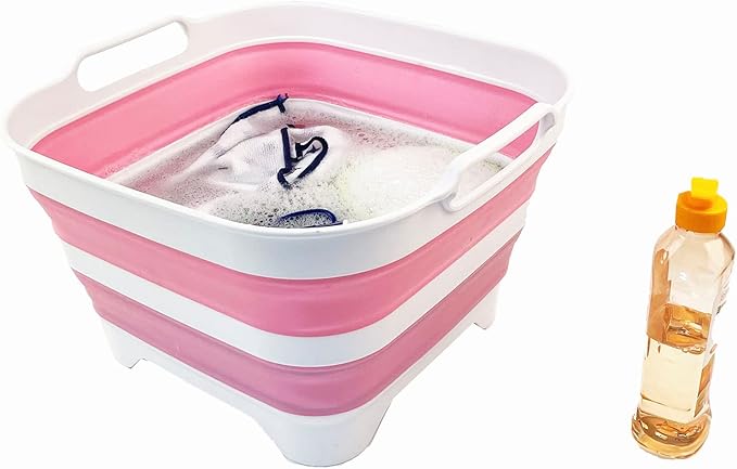 SAMMART 10L (2.64 Gallon) Collapsible Dishpan with Draining Plug - Foldable Washing Basin - Portable Dish Washing Tub - Space Saving Kitchen Storage Tray (White/Pink/White)