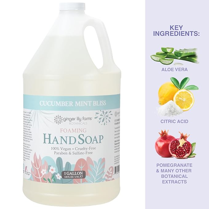 Ginger Lily Farms Botanicals All-Purpose Foaming Hand Soap Refill, 100% Vegan & Cruelty-Free, Cucumber Mint Bliss Scent, 1 Gallon (Pack of 4)