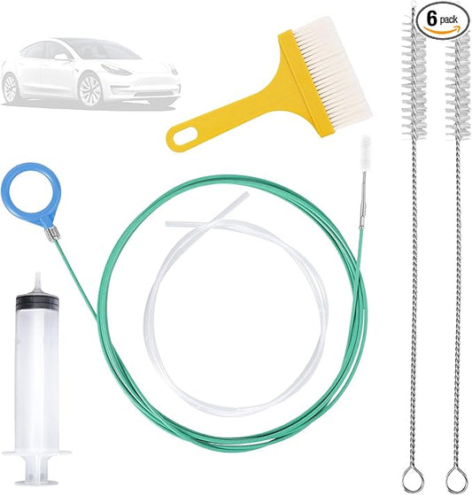 6pcs Car Auto Sunroof Drain Cleaning Tool Kit, Round Handle 5m/196.85in Long Soft Pipe Cleaner Brush Unclogger with Syringe & Hose for Car Wiper Sun Roof Trunk Drains Hole
