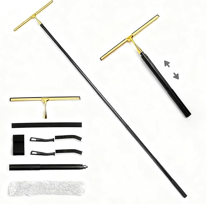 59.5" Long Handle Window Squeegee with Extension Pole, 12.4" Wide Metal Shower Squeegee for Glass Doors, Floor Squeegee for Home Window Cleaning, Tile Wall, Car (Gold)