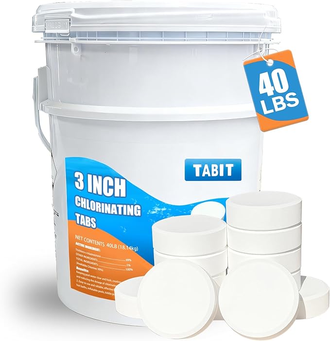 Chlorine Tablets 3 inch 40 Pounds, TABIT Swimming Pool Long Lasting Chlorinating Tablets, Slow Dissolving, Tri-Chlor for Swim Pool, Hot Tubs, Spa