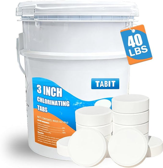 Chlorine Tablets 3 inch 40 Pounds, TABIT Swimming Pool Long Lasting Chlorinating Tablets, Slow Dissolving, Tri-Chlor for Swim Pool, Hot Tubs, Spa
