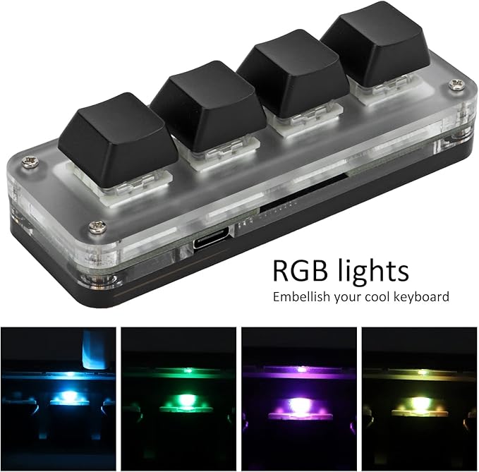 Mini 4 Key Gaming Keyboard Mechanical Keypad Type C to USB Interface Programming Black Gaming Keypad with RGB Light Plug and Play