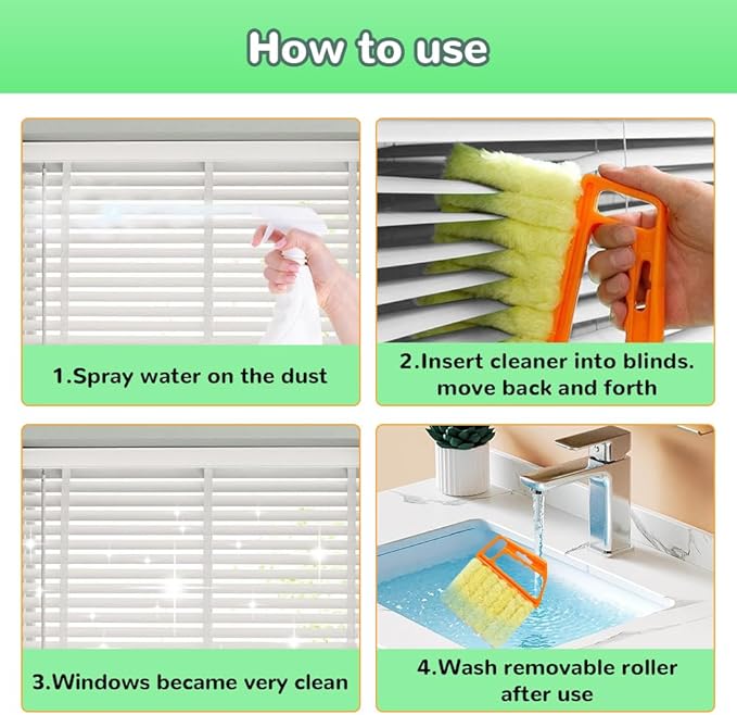 4PC Blind Cleaner Duster Tool, 2025 Upgrade Window Venetian Microfiber 7 Finger Duster Brush Dusting Cleaner Tools for Window Shutters Air Conditioner Vinyl Wood Blinds with 4 Cloth Cover (A)