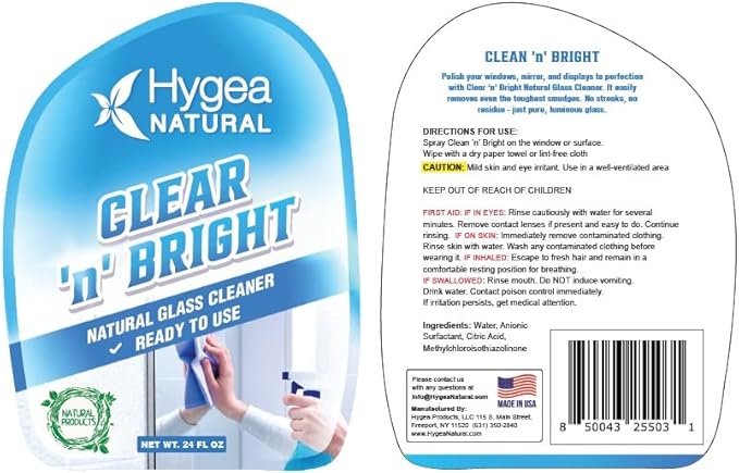Hygea Natural Clear 'n' Bright - Non-Toxic Glass Cleaner Spray - Streak-Free & Ammonia-Free Window Cleaning - Window & Mirror Cleaning Supplies - Safe & Fast (3 Pack, 24oz Spray)