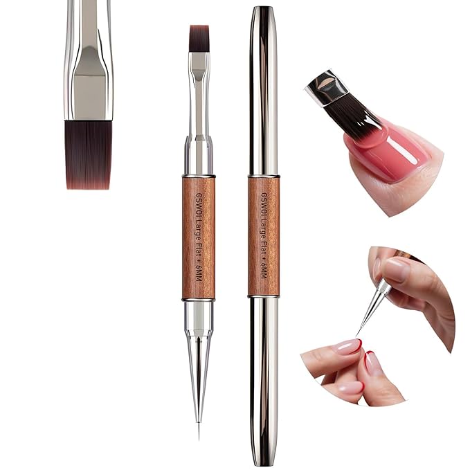 Dual Head Acrylic Nail Brush-Large Flat & 6mm Liner for Builder Gel,Polygel & Design-Wood Handle & Metal Caps
