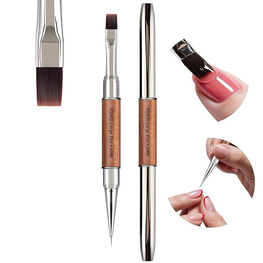 Dual Head Acrylic Nail Brush-Large Flat & 6mm Liner for Builder Gel,Polygel & Design-Wood Handle & Metal Caps