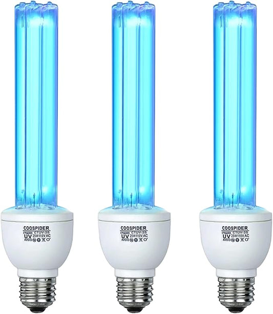 3 Pack 25 Watts UVC Light Bulb Ozone Free, Replacement UV Light Bulb for Bedroom/Bathroom/Closet/Kitchen, 253.7nm Wavelength Covers up to 400sq.ft, E26 Base 110V CTUV-25