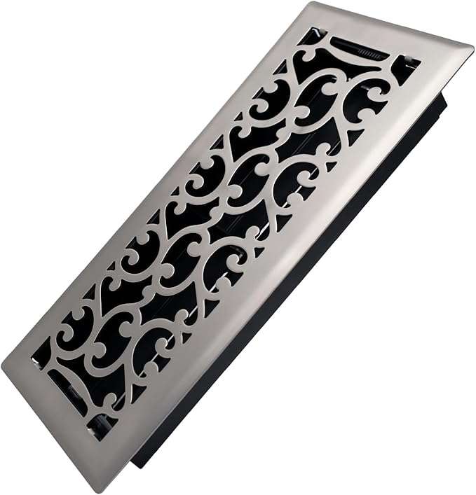 4x12 Inches Heavy Duty Walkable Floor Register - Easy Adjust Air Supply Lever Decorative Floor Vent Covers - Savannah Design Vent Covers for Home - Satin Nickel