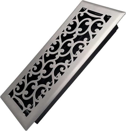 4x12 Inches Heavy Duty Walkable Floor Register - Easy Adjust Air Supply Lever Decorative Floor Vent Covers - Savannah Design Vent Covers for Home - Satin Nickel