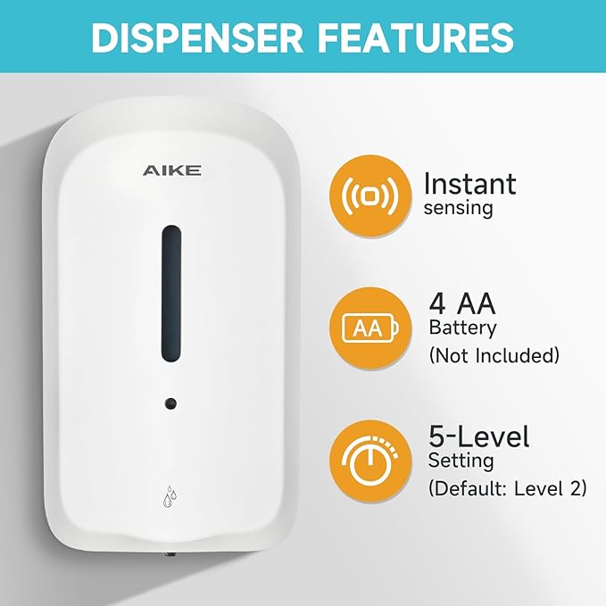 AIKE 33.8oz Automatic Wall Mount Liquid Soap Dispenser with Commercial ABS Construction, Model AK1226S(White)