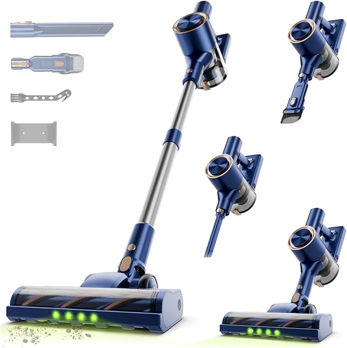 Cordless Stick Vacuum Cleaner - 45KPA Powerful Suction Vacuum with 45 Min Runtime, Detachable Battery, Anti-Tangle & 1.5L Dust Cup, 8 in 1 Vacuum Cleaner for Pet Hair, Carpet, HardFloor, Blue