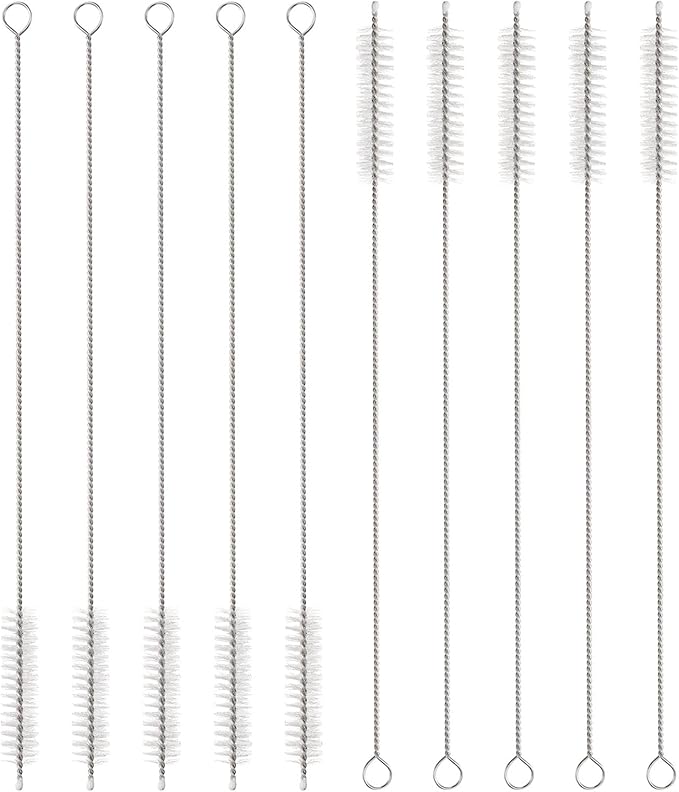 HARFINGTON Straw Cleaner Brush Set, 10 Inch Length 304 Stainless Steel and Nylon Bristles for Water Bottle Silicone Straw Sippy Cup Pipes, White (12mm OD, 10-Piece-Set)